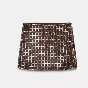 Zara -Brown Mini Skirt with Grid Embellished Design- size:S NWT